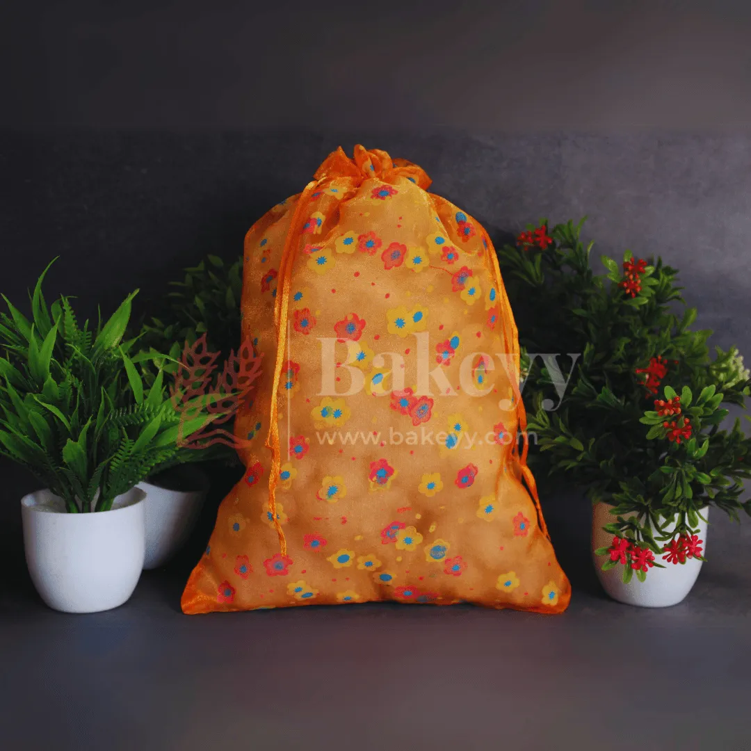 22x31 CM | Floral Designs Organza Potli Bags | Pack of 50 |  Orange Color | Candy Bag