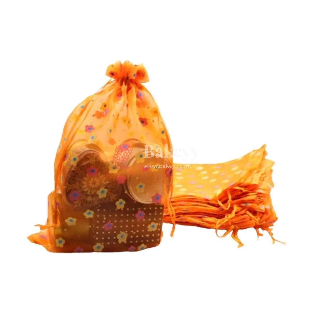 22x31 CM | Floral Designs Organza Potli Bags | Pack of 50 |  Orange Color | Candy Bag