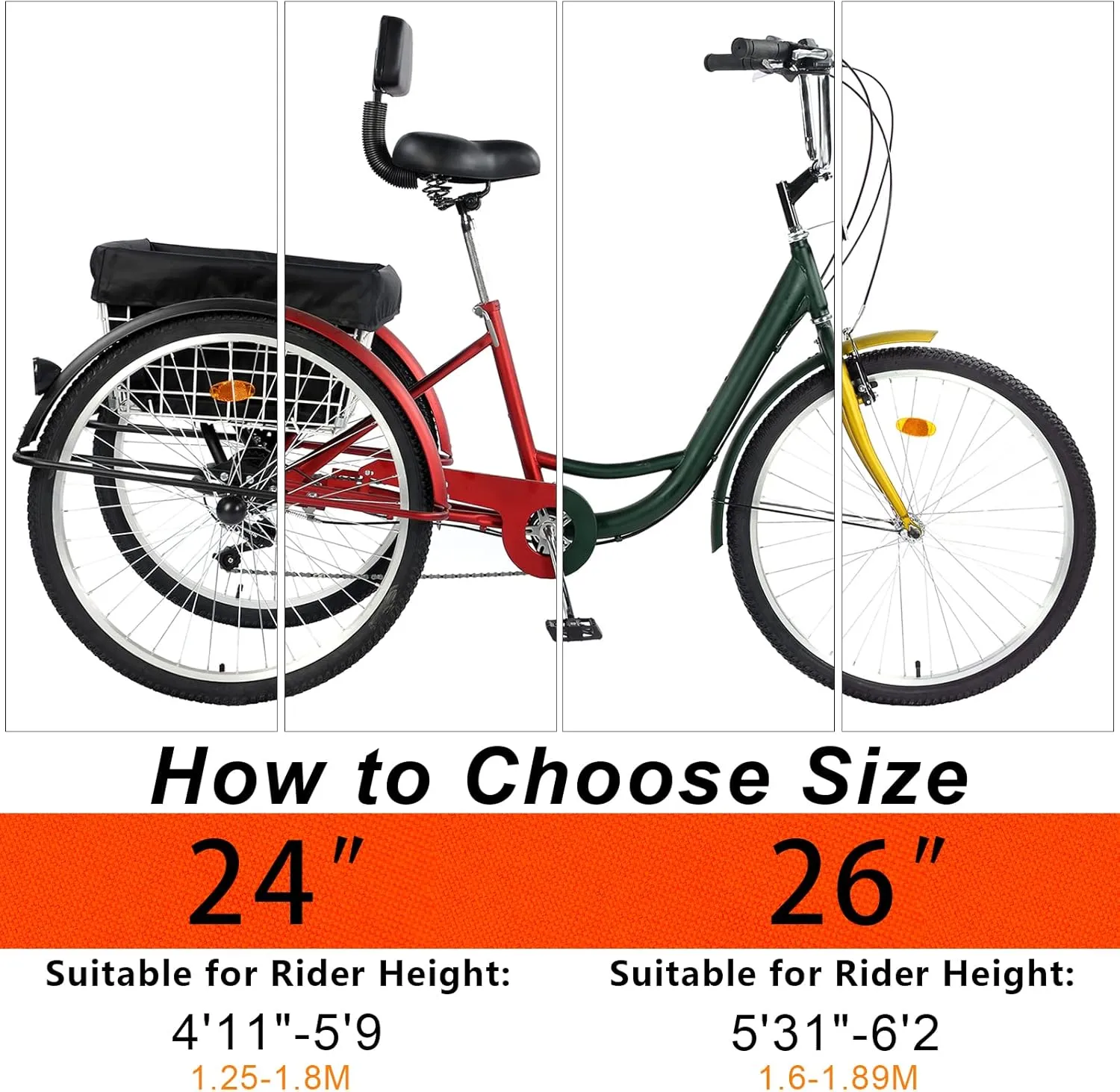 24/26" Adult Tricycle 7 Speed, 3 Wheel Mountain Trikes, Three Wheeled Bikes with Basket & Backrest Seat for Seniors, Women, Men, Multiple Colors