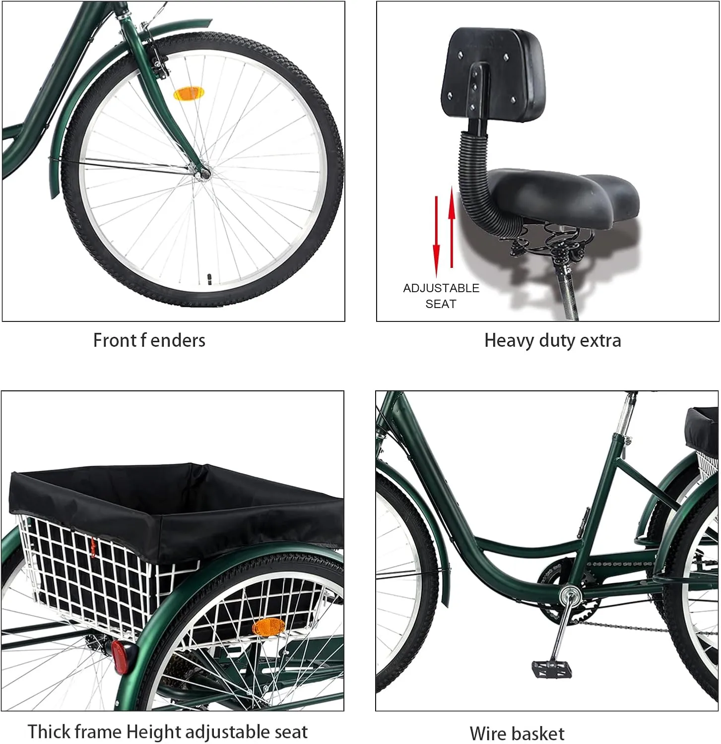24/26" Adult Tricycle 7 Speed, 3 Wheel Mountain Trikes, Three Wheeled Bikes with Basket & Backrest Seat for Seniors, Women, Men, Multiple Colors