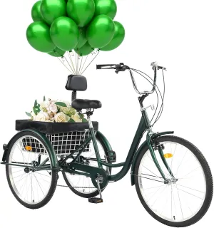 24/26" Adult Tricycle 7 Speed, 3 Wheel Mountain Trikes, Three Wheeled Bikes with Basket & Backrest Seat for Seniors, Women, Men, Multiple Colors