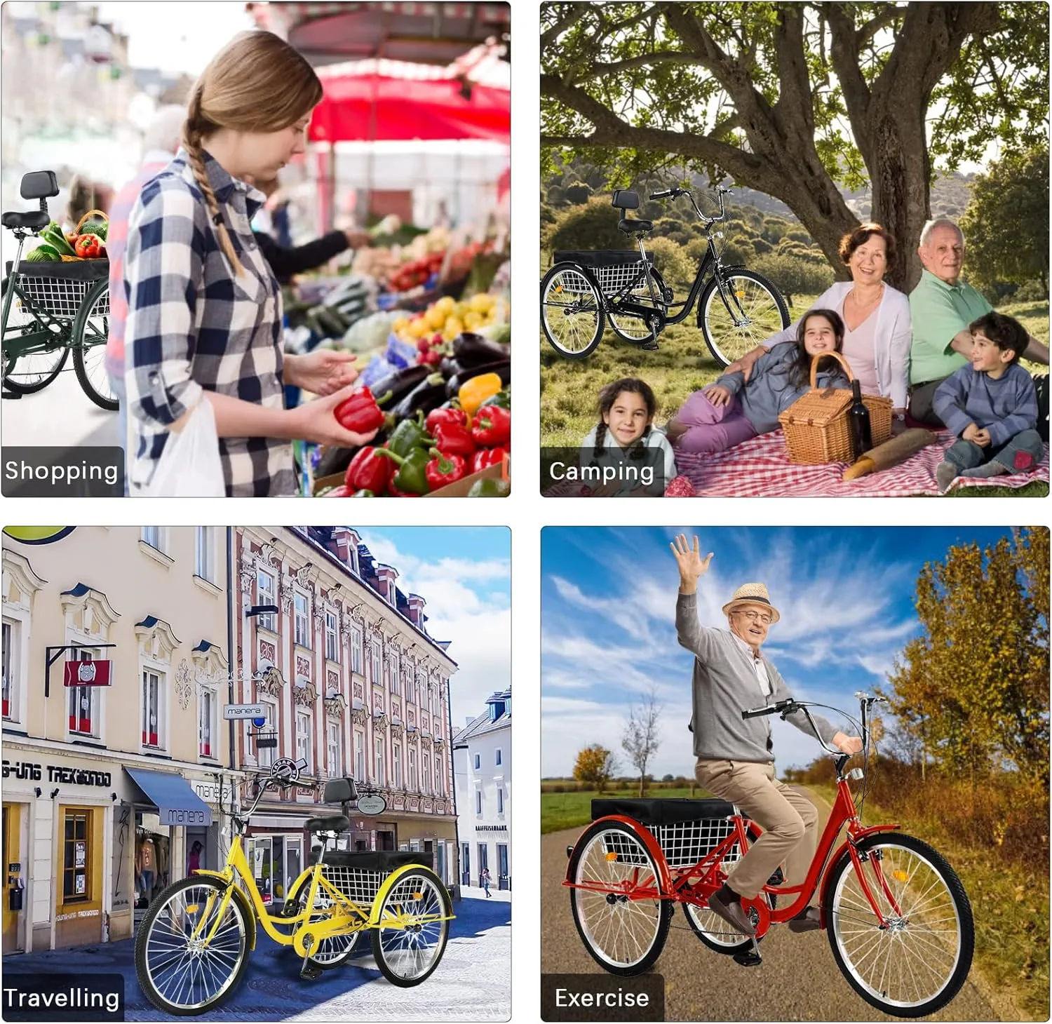 24/26" Adult Tricycle 7 Speed, 3 Wheel Mountain Trikes, Three Wheeled Bikes with Basket & Backrest Seat for Seniors, Women, Men, Multiple Colors