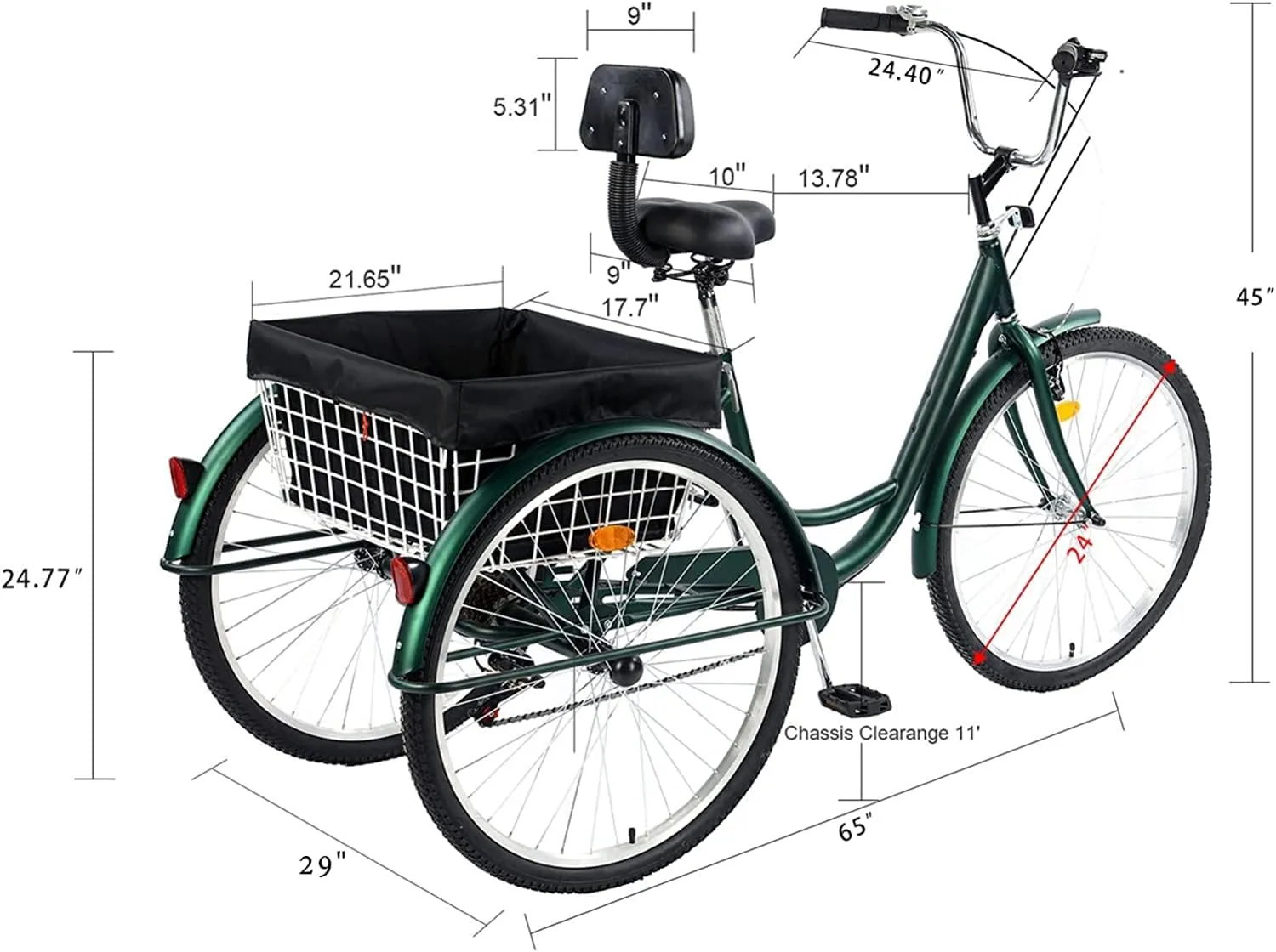 24/26" Adult Tricycle 7 Speed, 3 Wheel Mountain Trikes, Three Wheeled Bikes with Basket & Backrest Seat for Seniors, Women, Men, Multiple Colors