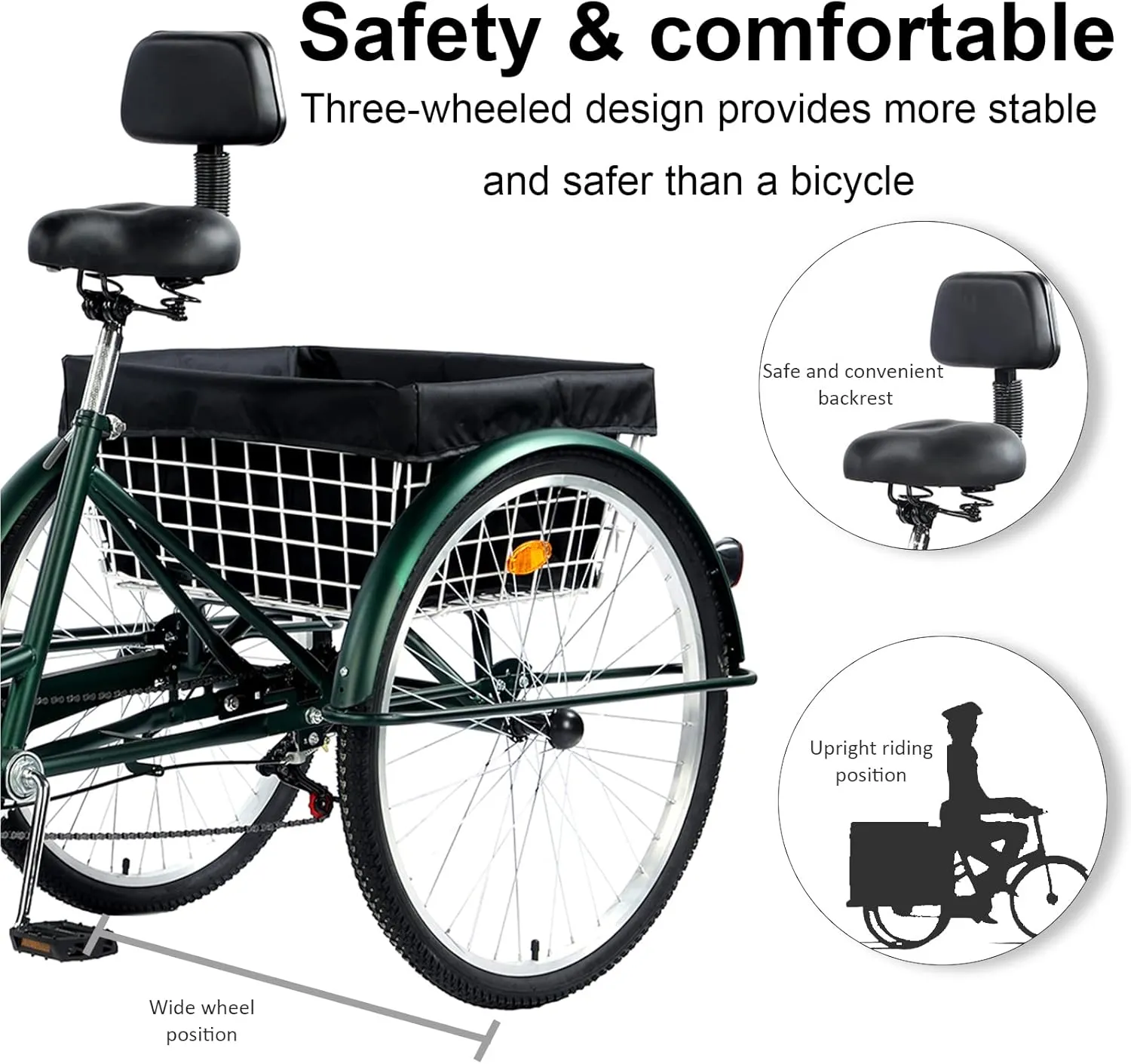 24/26" Adult Tricycle 7 Speed, 3 Wheel Mountain Trikes, Three Wheeled Bikes with Basket & Backrest Seat for Seniors, Women, Men, Multiple Colors