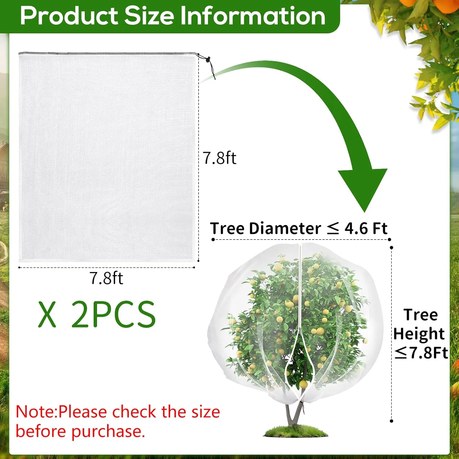2PCS 7.8 x 7.8ft Large Fruits Tree Netting Cover with Zipper and Drawstring,Garden Insect Netting Plant Cover Transparent Bird Plant Barrier Flower Fruits Mesh Screen for Preventing Deer Squirrel Bug