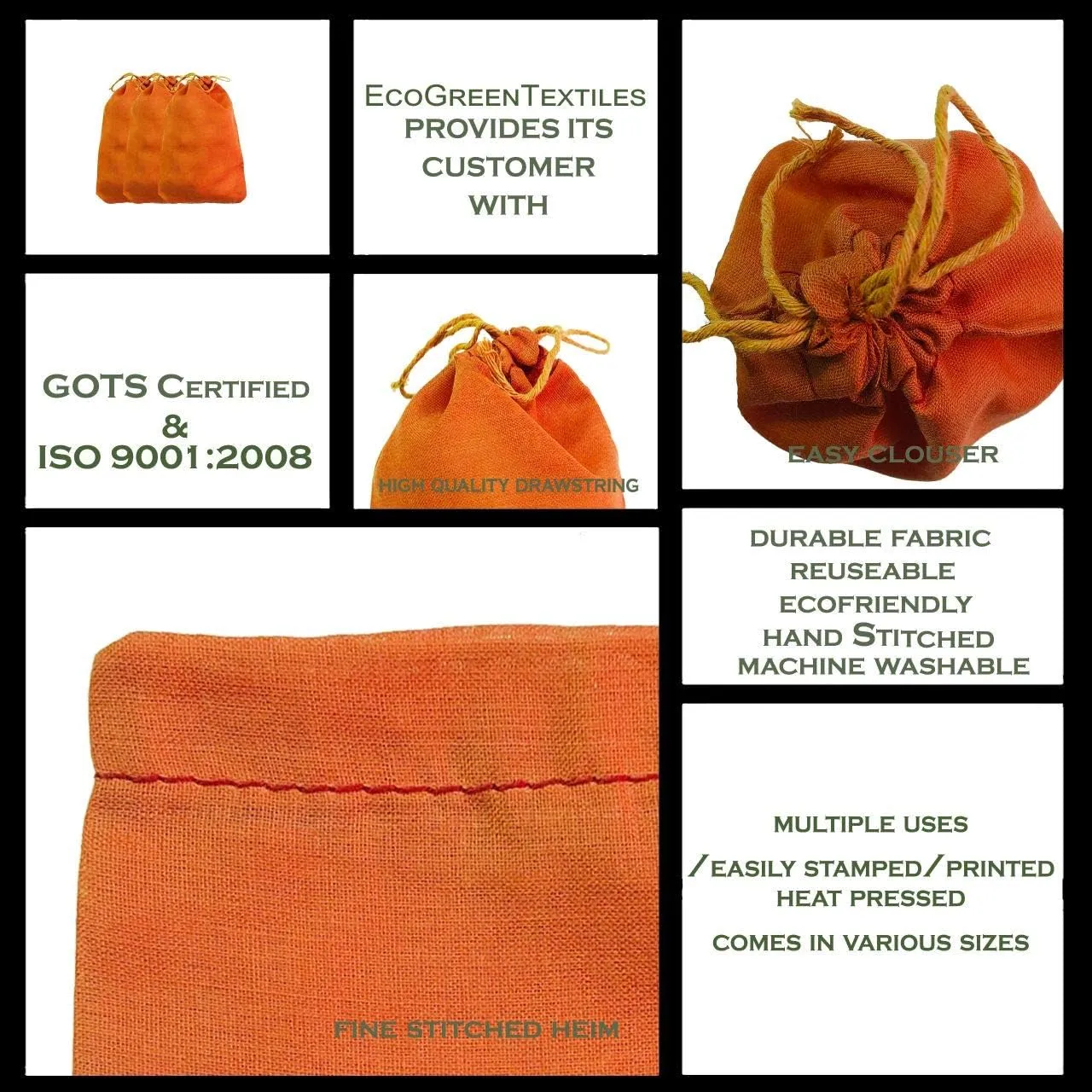2x3 inches Color Full Cotton Bags, Reusable And Biodegradable Produce Muslin Drawstring Bags Available in Different Sizes (Orange) (Pack of 25)