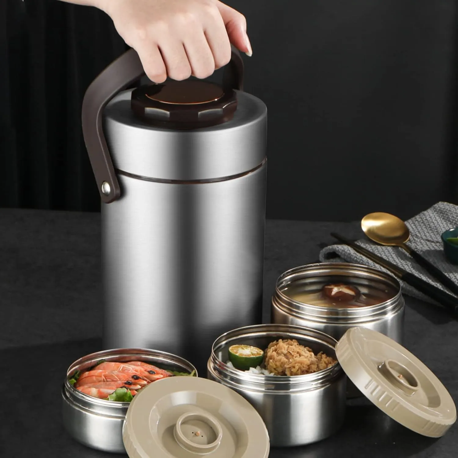 3-Layer Insulated Lunch Box for Men, Soup Thermos, Adult Leakproof Insulated Hot Food Jar Container, Stainless Steel Thermal Bento Box Lunch Bag Cutlery for Office Construction Worker Trucker Picnic