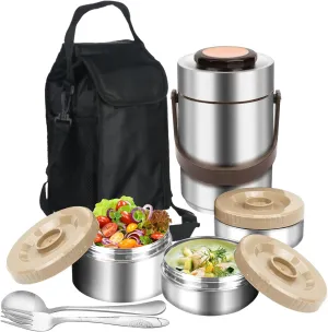 3-Layer Insulated Lunch Box for Men, Soup Thermos, Adult Leakproof Insulated Hot Food Jar Container, Stainless Steel Thermal Bento Box Lunch Bag Cutlery for Office Construction Worker Trucker Picnic