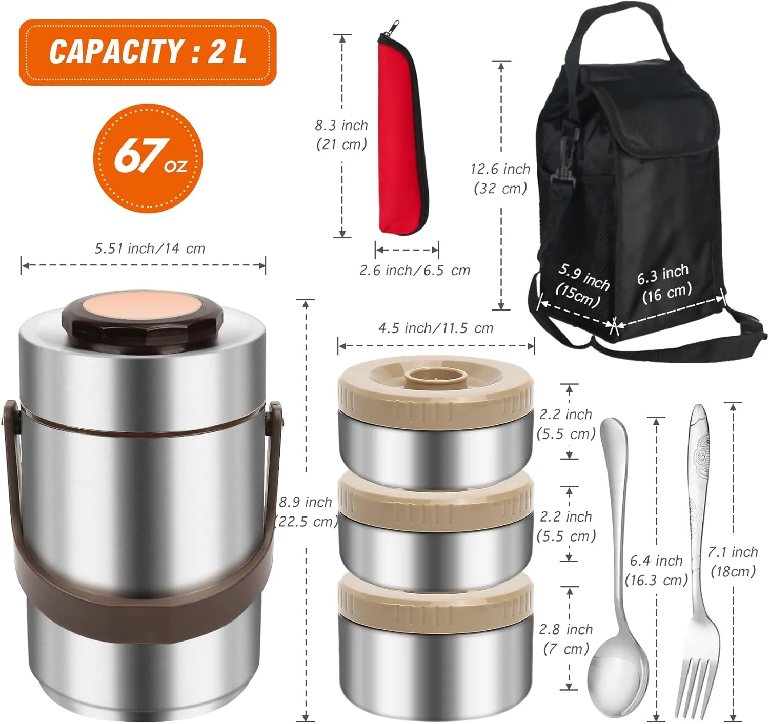 3-Layer Insulated Lunch Box for Men, Soup Thermos, Adult Leakproof Insulated Hot Food Jar Container, Stainless Steel Thermal Bento Box Lunch Bag Cutlery for Office Construction Worker Trucker Picnic
