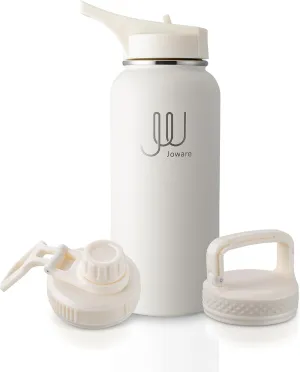 32 oz Insulated Water Bottle with Straw, Stainless Steel Sports Water Bottle with 3 Lids, Leak Proof Water Bottle for Men, Women & Kids, Alabaster White