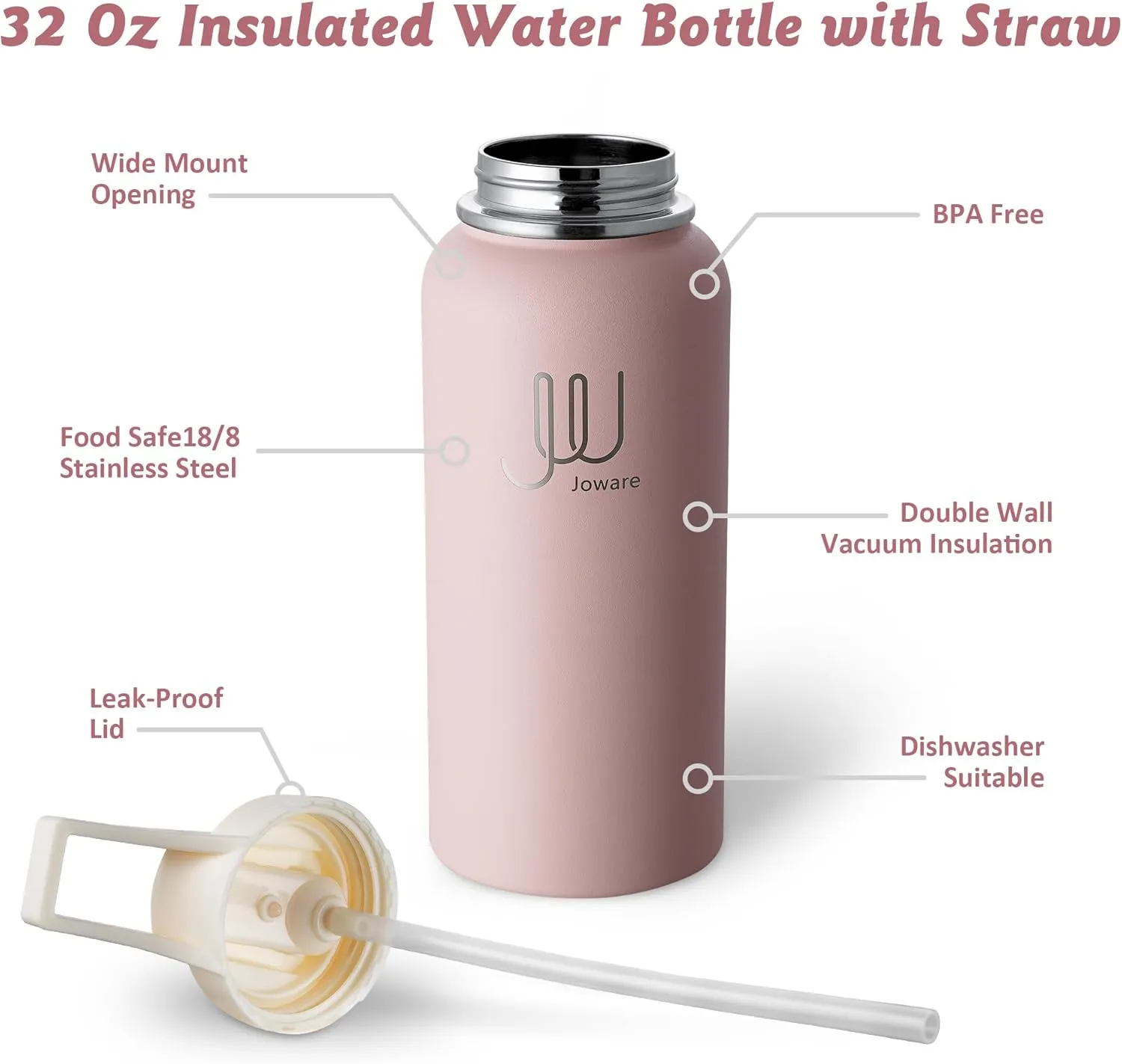 32 oz Insulated Water Bottle with Straw, Stainless Steel Sports Water Bottle with 3 Lids, Leak Proof Water Bottle for Men, Women & Kids, Charming Pink