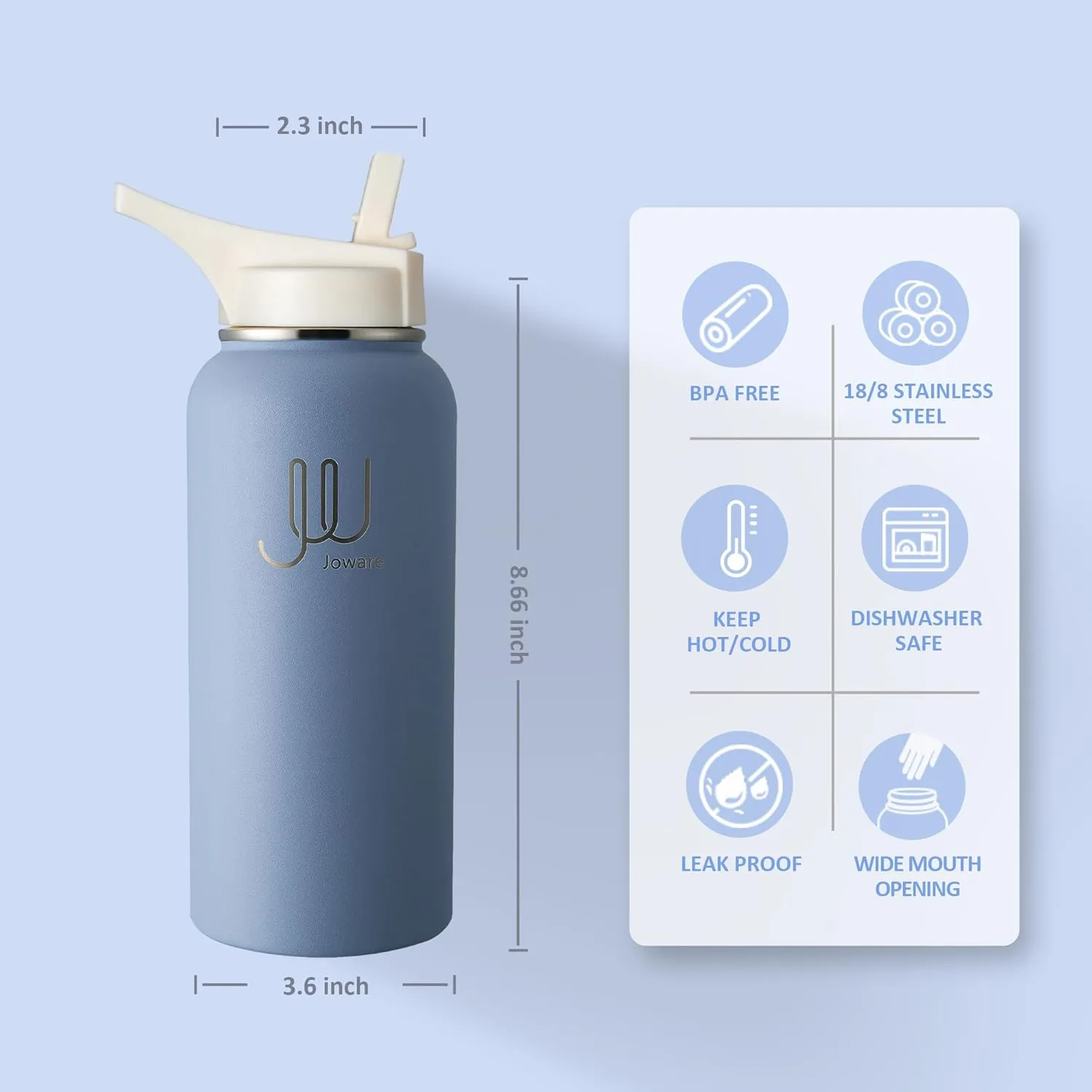 32 oz Stainless Steel Water Bottle, Vacuum Insulated Water Bottle with Straw, Leak Proof Sports Water Bottle with 3 Lids for Men, Women & Kids, Resolute Blue