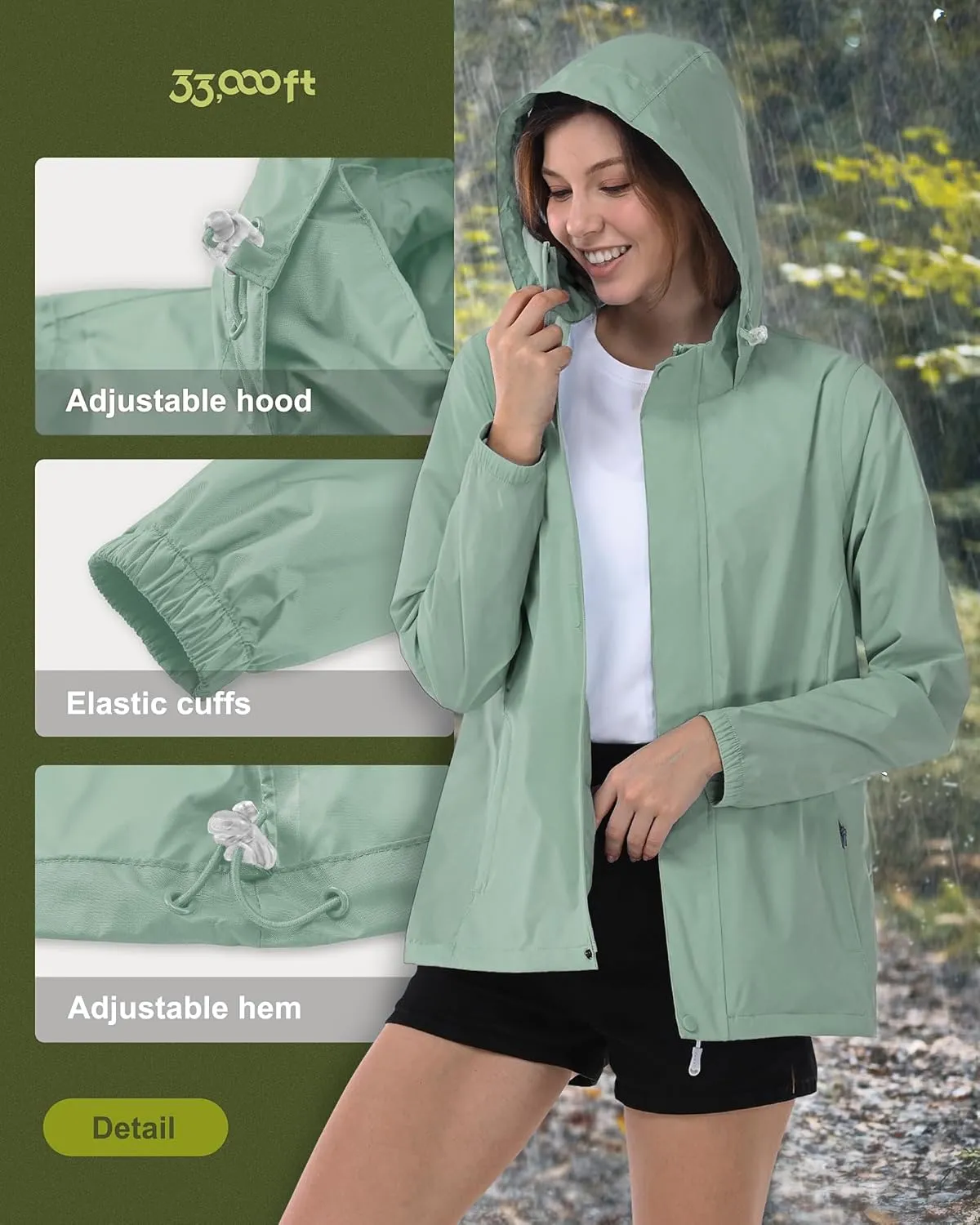 33,000ft Women's Rain Jacket Waterproof Lightweight Packable Raincoat with Hood for Golf Hiking Travel Windbreaker