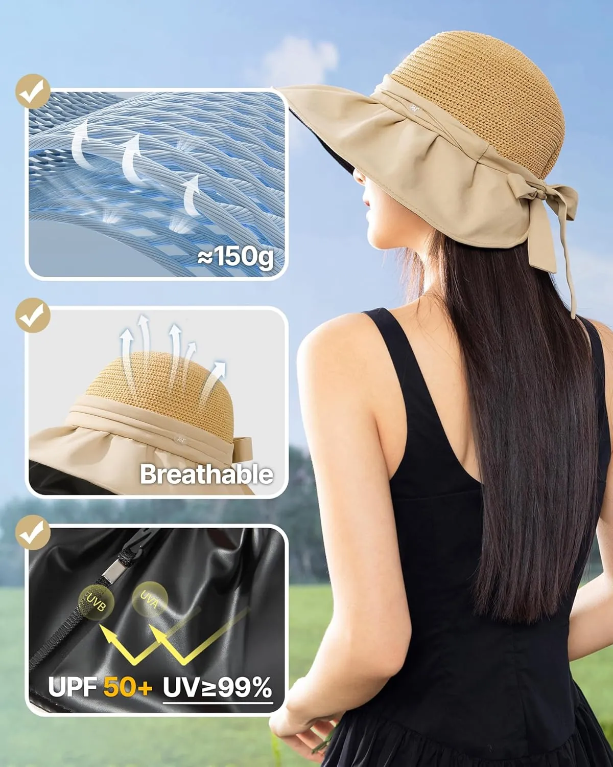 361° UPF 50  Wide Brim Sun Hat for Women Straw Beach Hats with Bow Travel Adjustable Packable UV Protection Lightweight