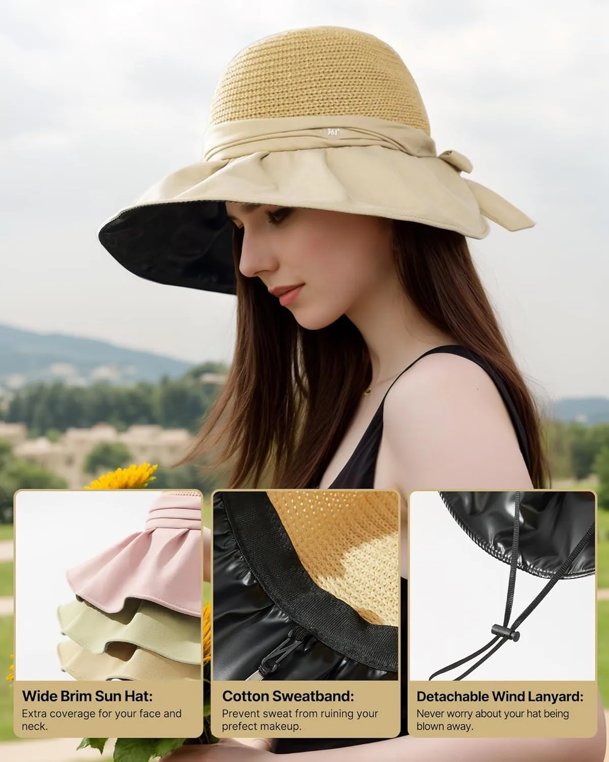 361° UPF 50  Wide Brim Sun Hat for Women Straw Beach Hats with Bow Travel Adjustable Packable UV Protection Lightweight