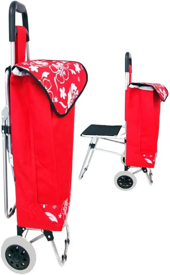 36" (91.4 cm) Rolling Storage Cart | Soft-Sided Drawstring Bag | Fold-Down Seat | Smooth-Rolling Wheels for Easy Mobility | Secure and Convenient Shopping Companion