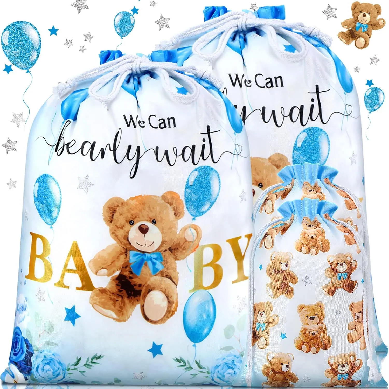 4 Pcs Large Baby Shower Drawstring Gift Bags for Boy Blue Bear Reusable Canvas Wrap Bags 20 Inch Large 12 Inch Medium Treat Sacks Baby Shower for Kid Girls Birthday Gender Reveal Party