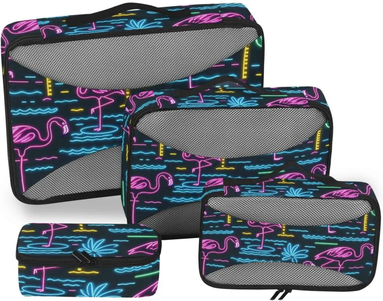 4 Pcs set luggage organizer bags Mesh Travel Essentials Summer Neon Flamingo Coconut Tree lightweight packing cubes for suitcases