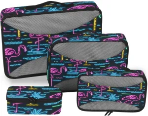 4 Pcs set luggage organizer bags Mesh Travel Essentials Summer Neon Flamingo Coconut Tree lightweight packing cubes for suitcases