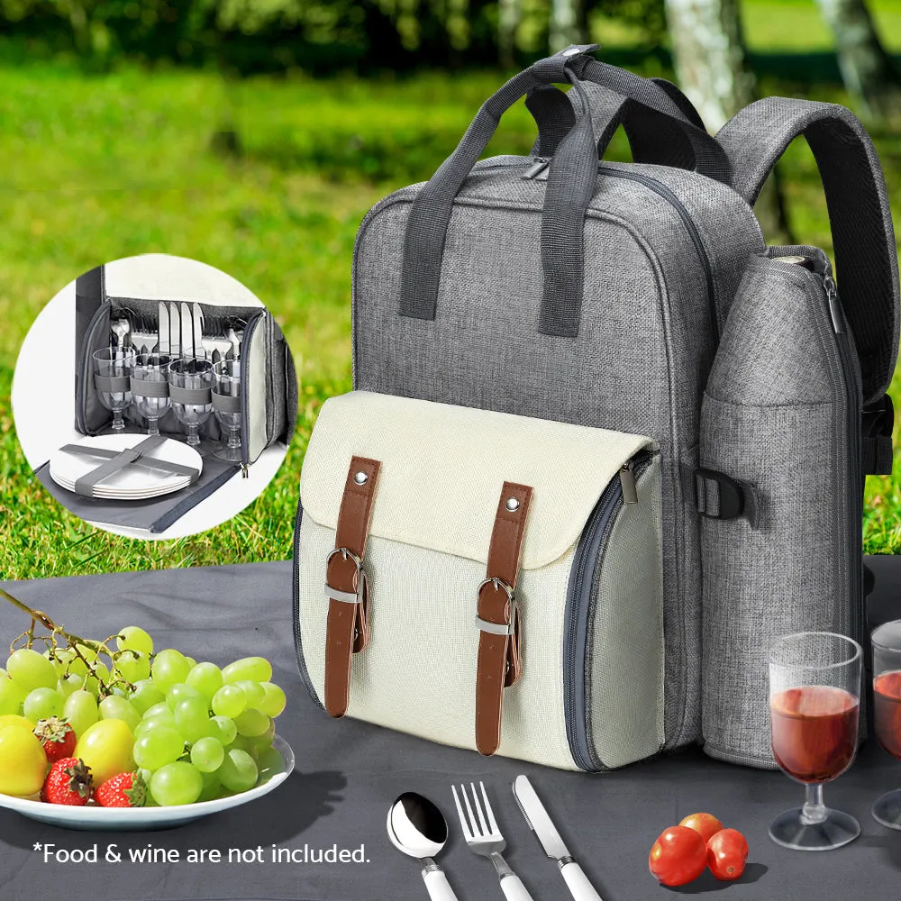 4 Person Picnic Basket Set Backpack Bag Insulated Grey