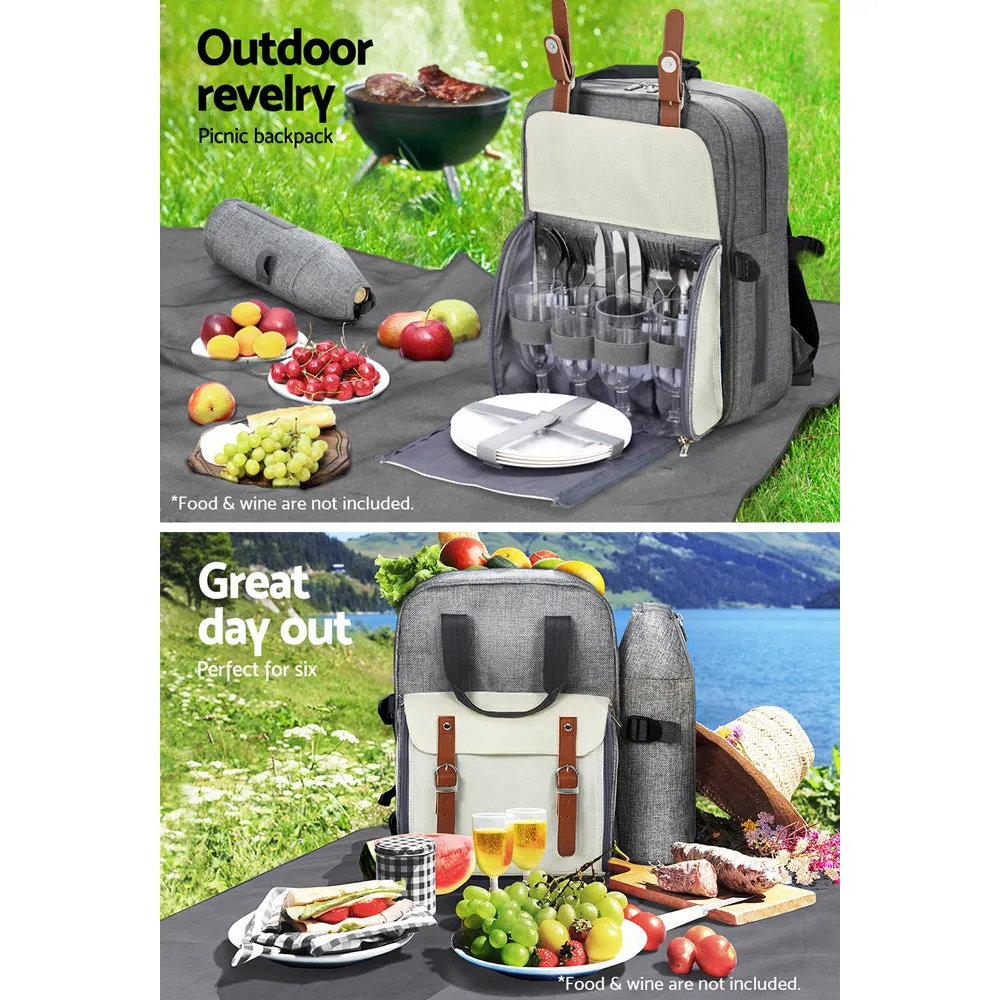 4 Person Picnic Basket Set Backpack Bag Insulated Grey