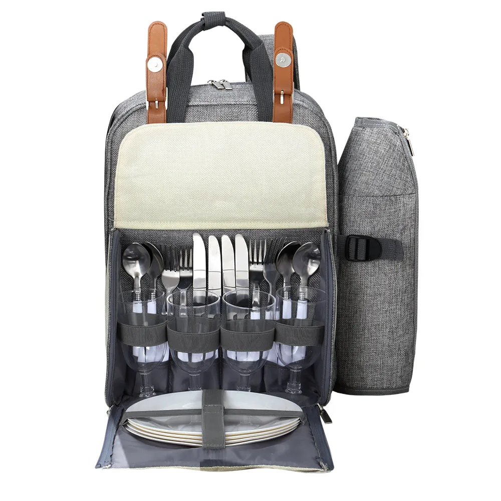 4 Person Picnic Basket Set Backpack Bag Insulated Grey