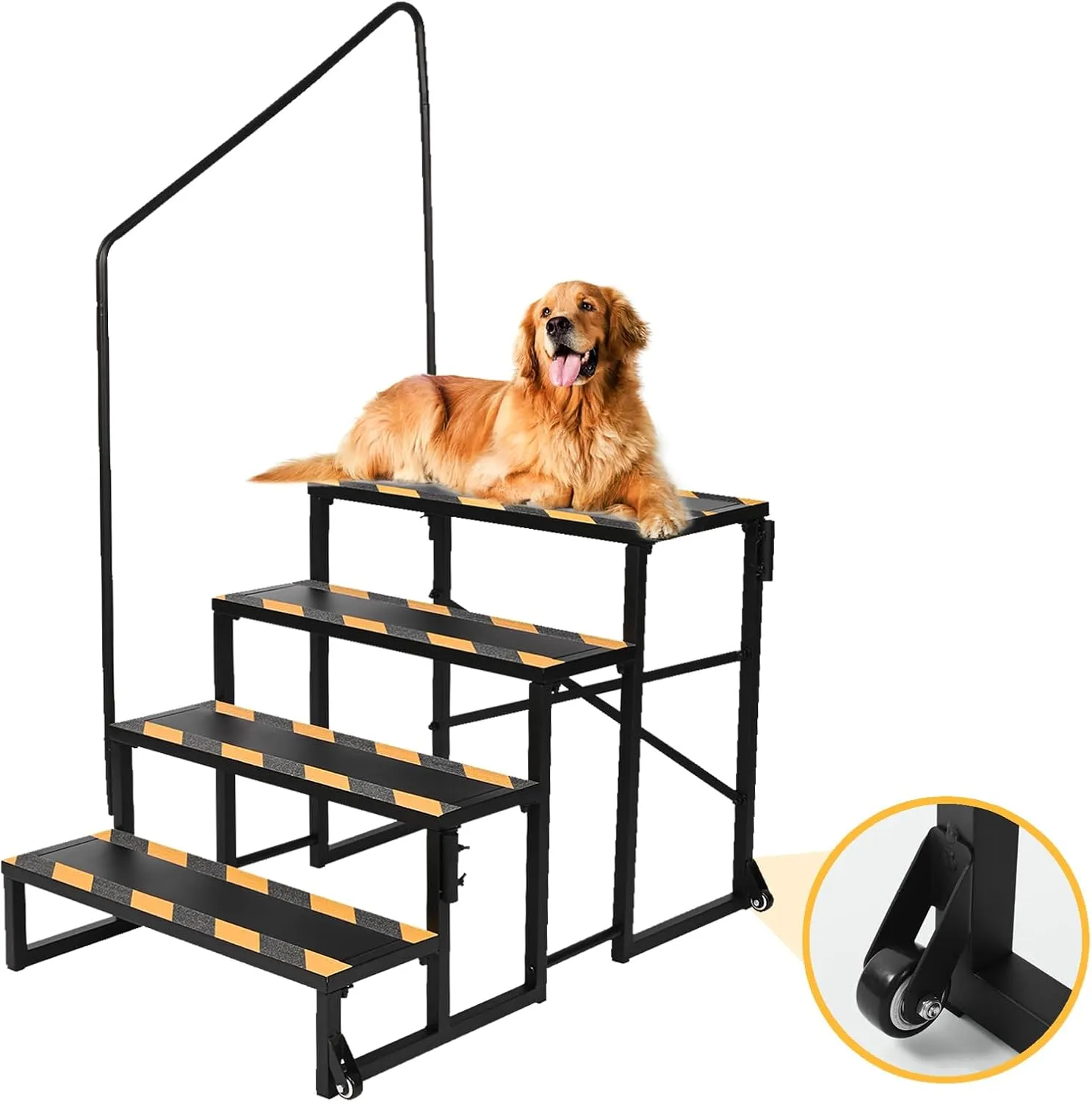4 Step RV Stairs, Mobile Home Steps Hot Tub Steps with Handrail, 700 LBS Non-Skid Outdoor Spa Step Ladder with Wheel for Travel Trailer, Hot Tub, Camper, Motor Home, Pool and Porch