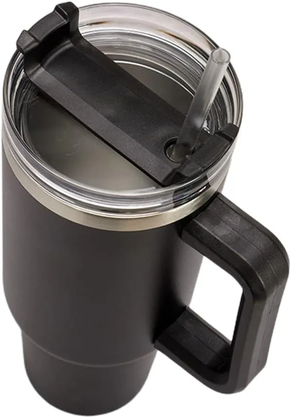 40oz Insulated Travel Mug Tumbler With Handle and Straw,Stainless Steel Double Wall Vacuum Cup Keep Drink Cold and Hot (Black)