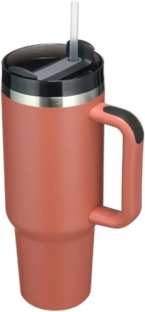 40oz Insulated Travel Mug Tumbler With Handle and Straw,Stainless Steel Double Wall Vacuum Cup Keep Drink Cold and Hot (Brick-red#)