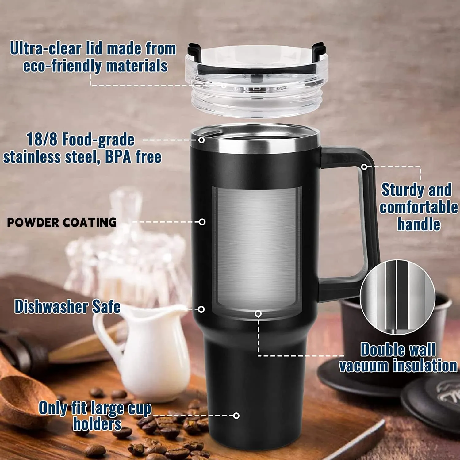 40oz Insulated Travel Mug Tumbler With Handle and Straw,Stainless Steel Double Wall Vacuum Cup Keep Drink Cold and Hot (Gray)