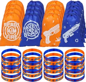 48 Pcs Dart Battle Party Supplies Includes 24 Silicone Wristbands, 24 Party Present Drawstring Bags Goody Treat Bags Dart Gun Themed Favors Bracelet for Battle Birthday Supplies Decorations
