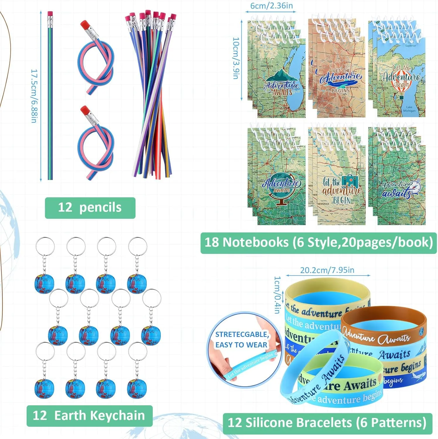 54 Pcs Travel Party Favors Airplane Keychain Bendable Flexible Pencils Travel Stickers Adventure Drawstring Backpack Silicone Wristbands Pin Badges World Map Notebook Earth Theme Keyrings