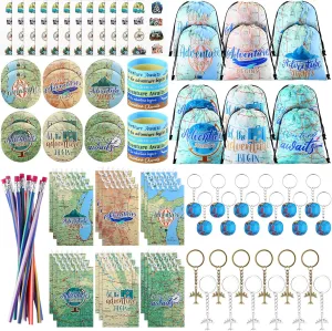 54 Pcs Travel Party Favors Airplane Keychain Bendable Flexible Pencils Travel Stickers Adventure Drawstring Backpack Silicone Wristbands Pin Badges World Map Notebook Earth Theme Keyrings