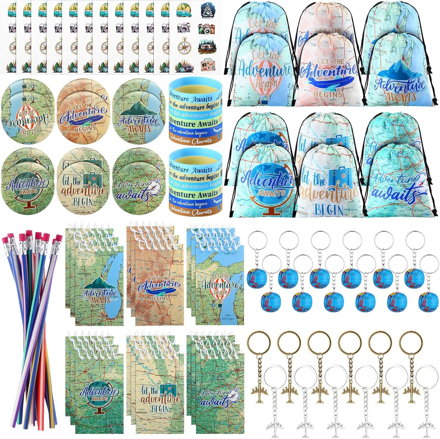 54 Pcs Travel Party Favors Airplane Keychain Bendable Flexible Pencils Travel Stickers Adventure Drawstring Backpack Silicone Wristbands Pin Badges World Map Notebook Earth Theme Keyrings
