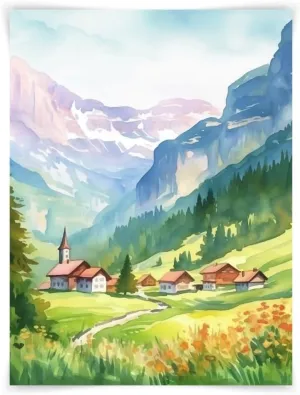 5x7 Swiss Alps Watercolor Print, Switzerland Mountain Village Art, Alpine Landscape Decor, Scenic Europe Wall Artwork, UNFRAMED