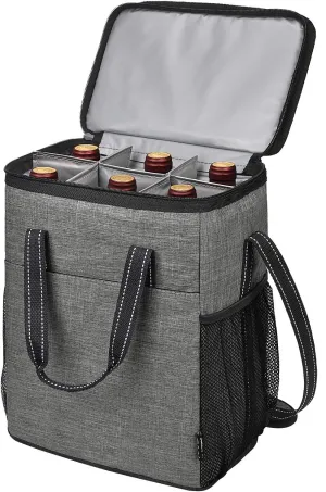 6 Bottle Wine Gift carrier, Insulated Leakproof Padded Wine Cooler Carrying Tote Bag for Travel, Camping and Picnic, Perfect Wine Lover Gift, Grey