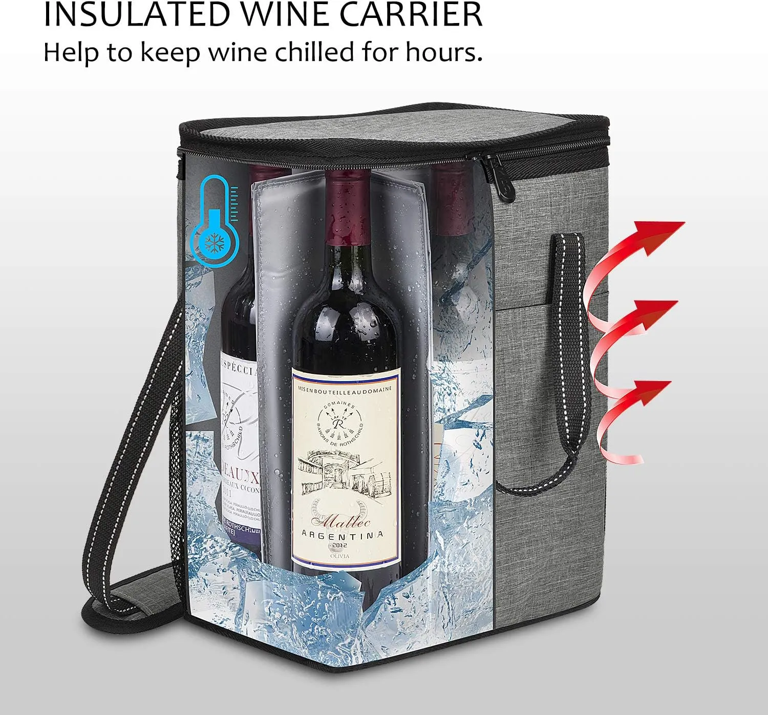 6 Bottle Wine Gift carrier, Insulated Leakproof Padded Wine Cooler Carrying Tote Bag for Travel, Camping and Picnic, Perfect Wine Lover Gift, Grey