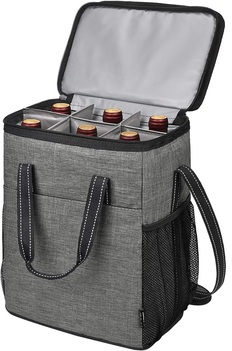6 Bottle Wine Gift carrier, Insulated Leakproof Padded Wine Cooler Carrying Tote Bag for Travel, Camping and Picnic, Perfect Wine Lover Gift, Grey