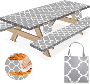 6 Foot Picnic Table Cover with Bench Covers Fitted Dinner Tablecloth Waterproof 72×30Inch Family Picnic Themed Party Decorations Accessories Essentials for Outdoor Entertaining Grey Lattice