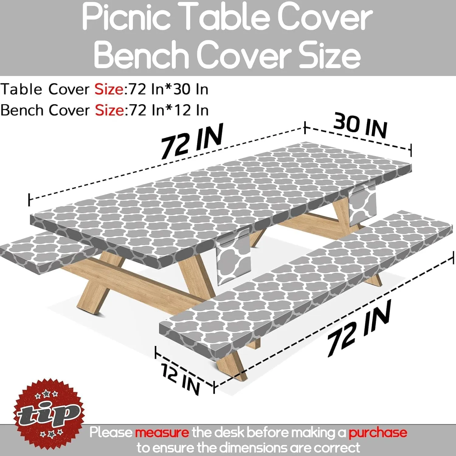 6 Foot Picnic Table Cover with Bench Covers Fitted Dinner Tablecloth Waterproof 72×30Inch Family Picnic Themed Party Decorations Accessories Essentials for Outdoor Entertaining Grey Lattice
