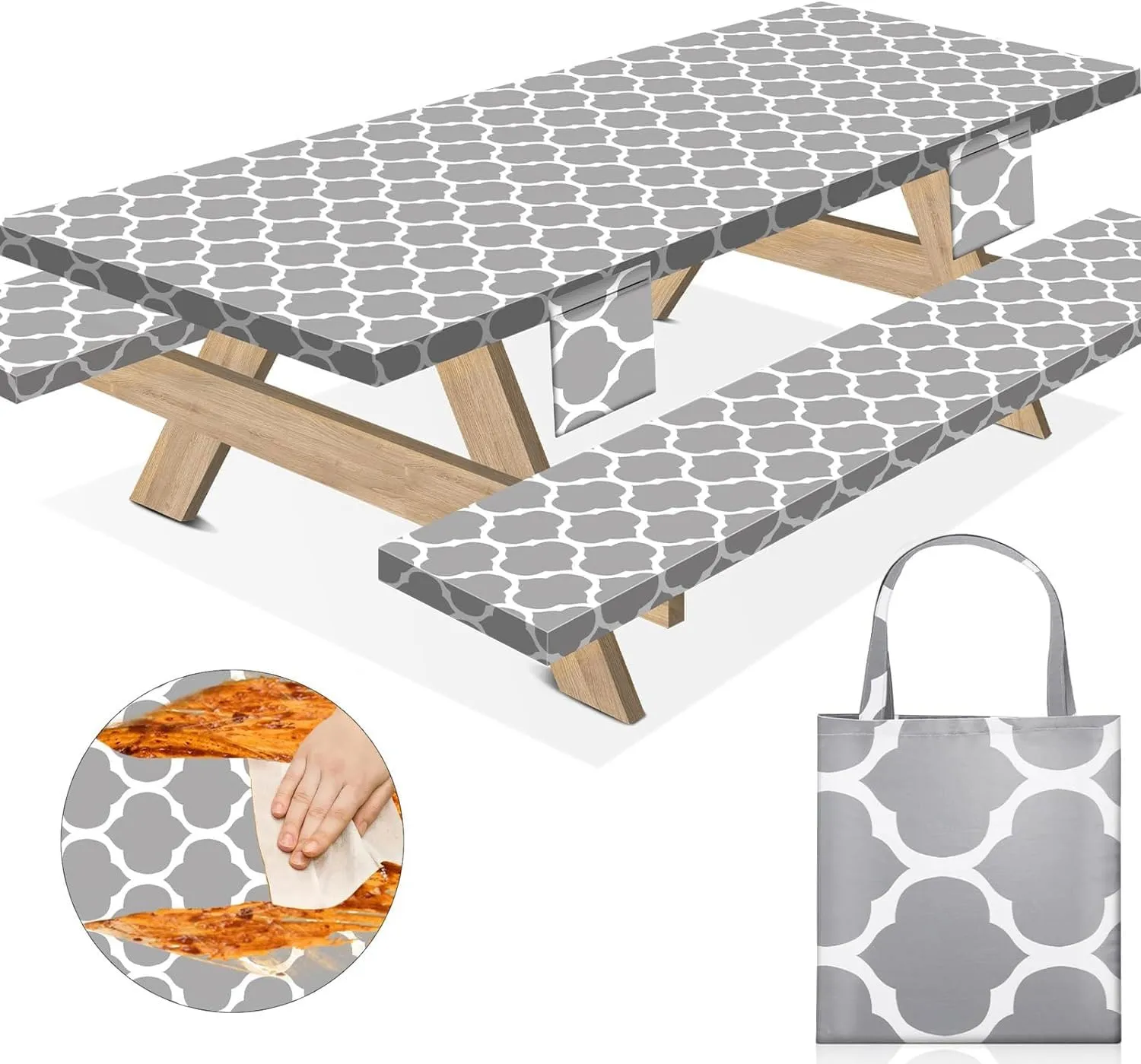 6 Foot Picnic Table Cover with Bench Covers Fitted Dinner Tablecloth Waterproof 72×30Inch Family Picnic Themed Party Decorations Accessories Essentials for Outdoor Entertaining Grey Lattice