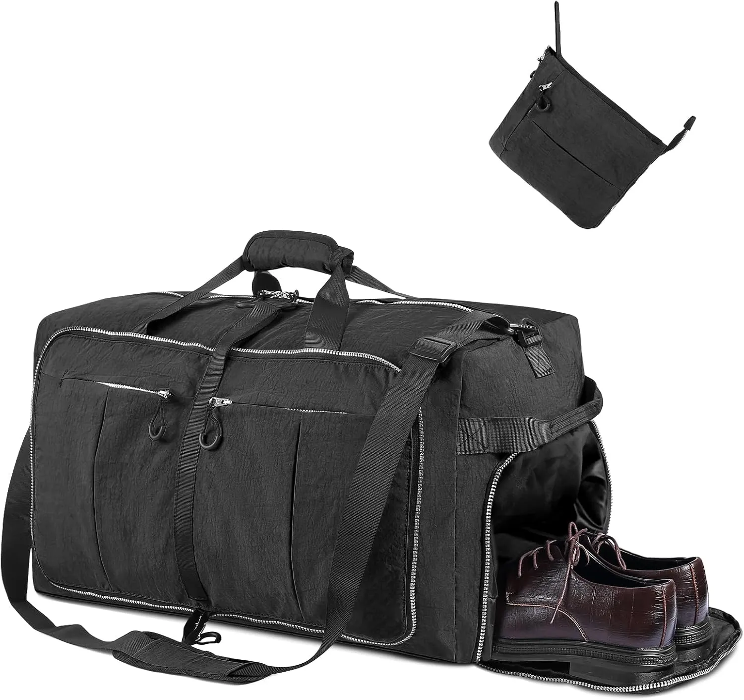 65L 25" Foldable Duffle Bag with Shoe Compartment,Lightweight Water Resistant Packable Travel Bag,Black