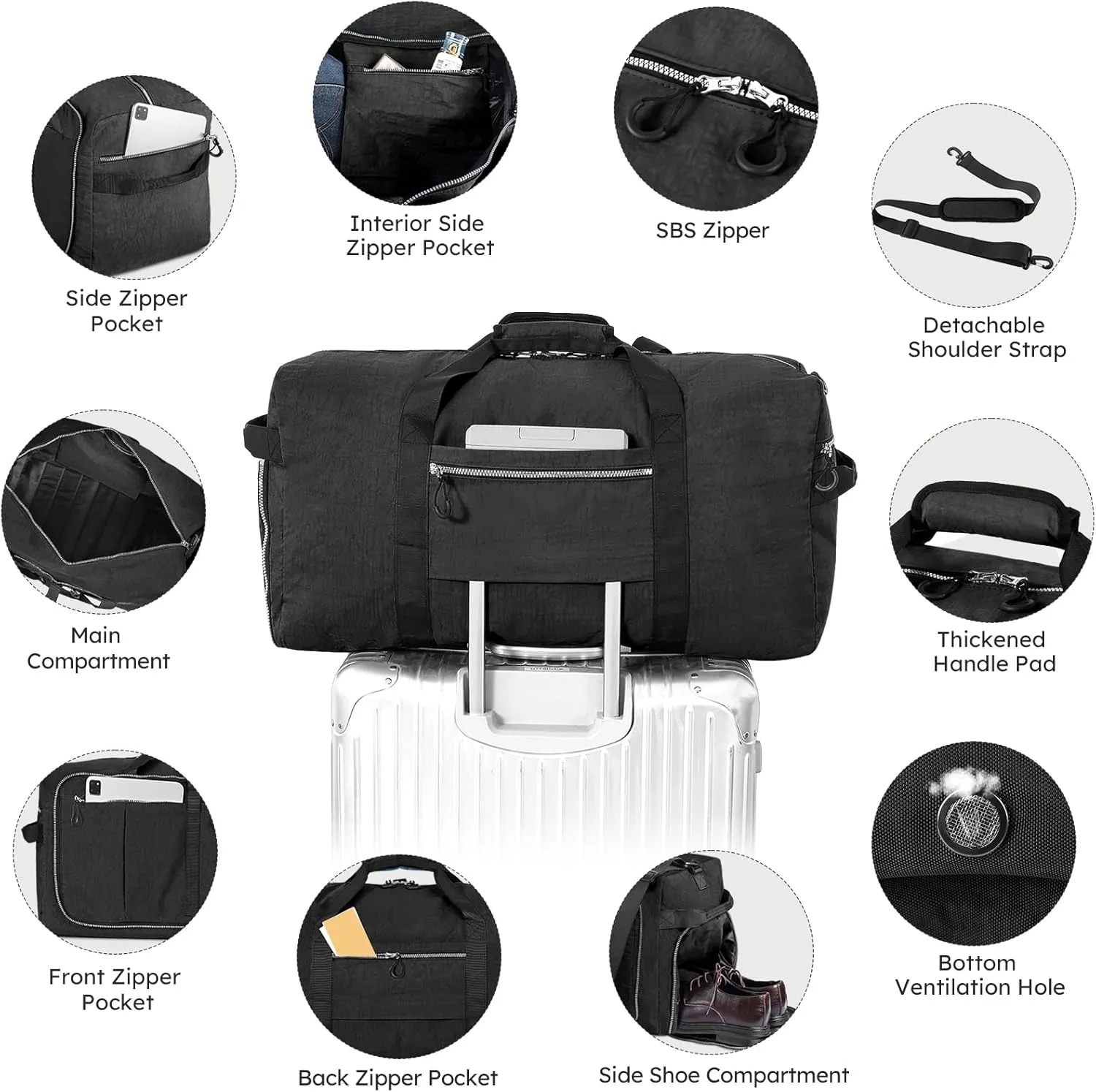 65L 25" Foldable Duffle Bag with Shoe Compartment,Lightweight Water Resistant Packable Travel Bag,Black