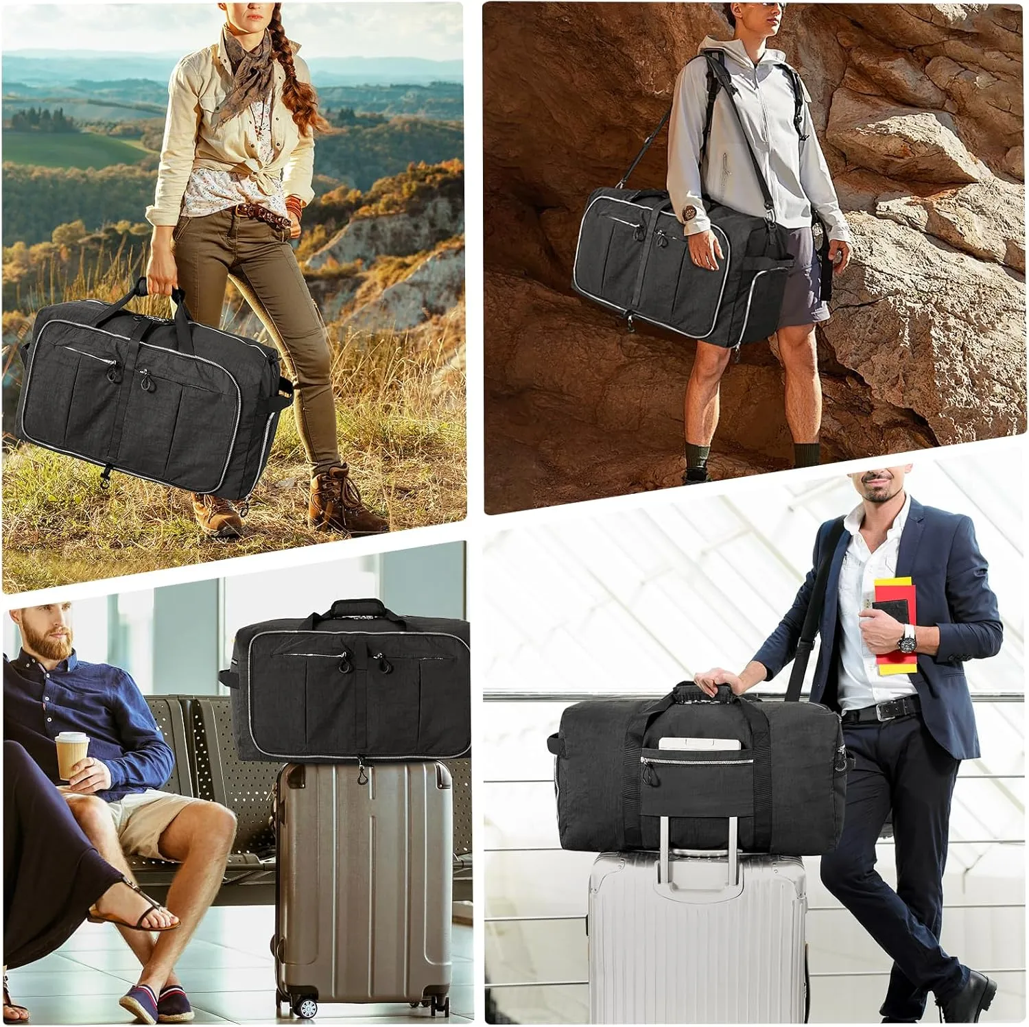65L 25" Foldable Duffle Bag with Shoe Compartment,Lightweight Water Resistant Packable Travel Bag,Black