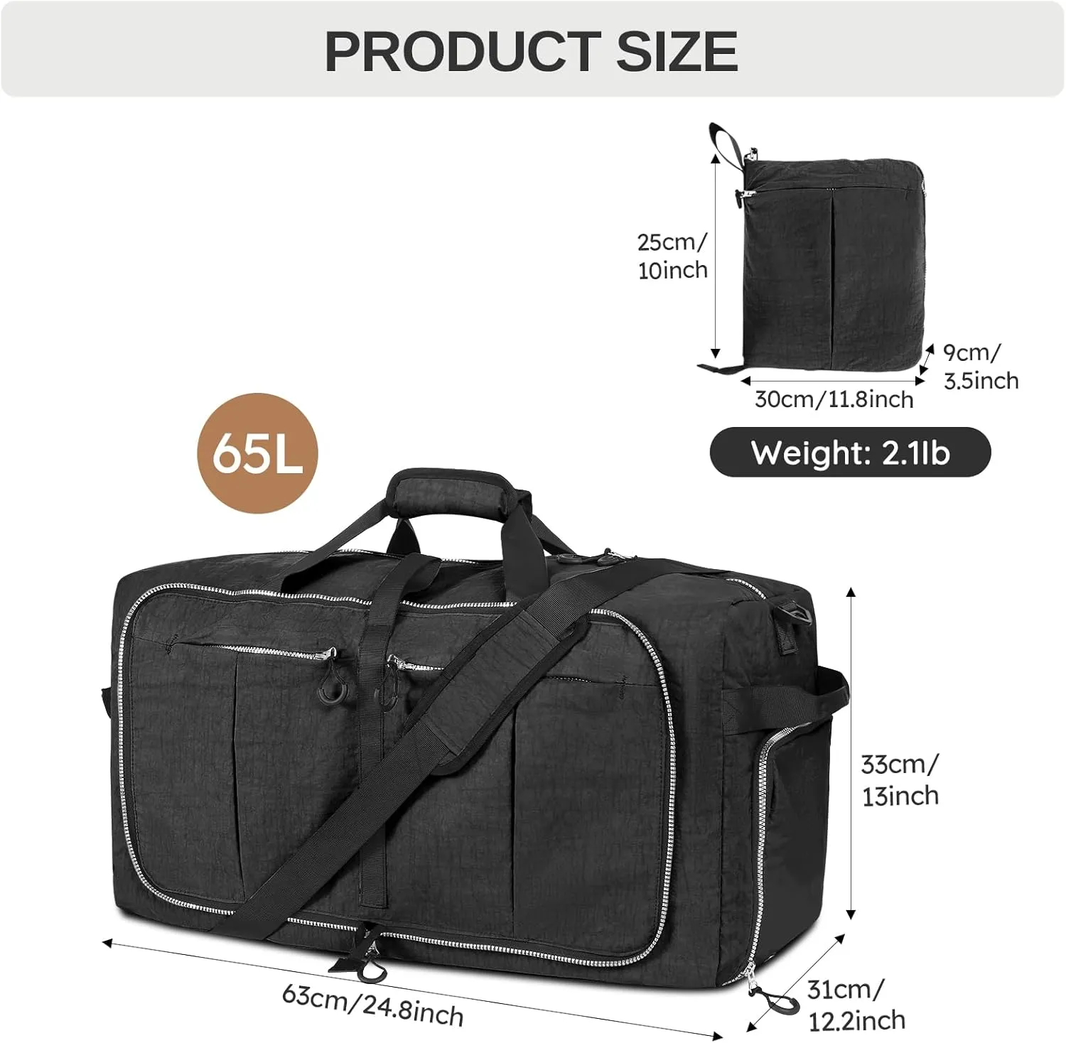 65L 25" Foldable Duffle Bag with Shoe Compartment,Lightweight Water Resistant Packable Travel Bag,Black