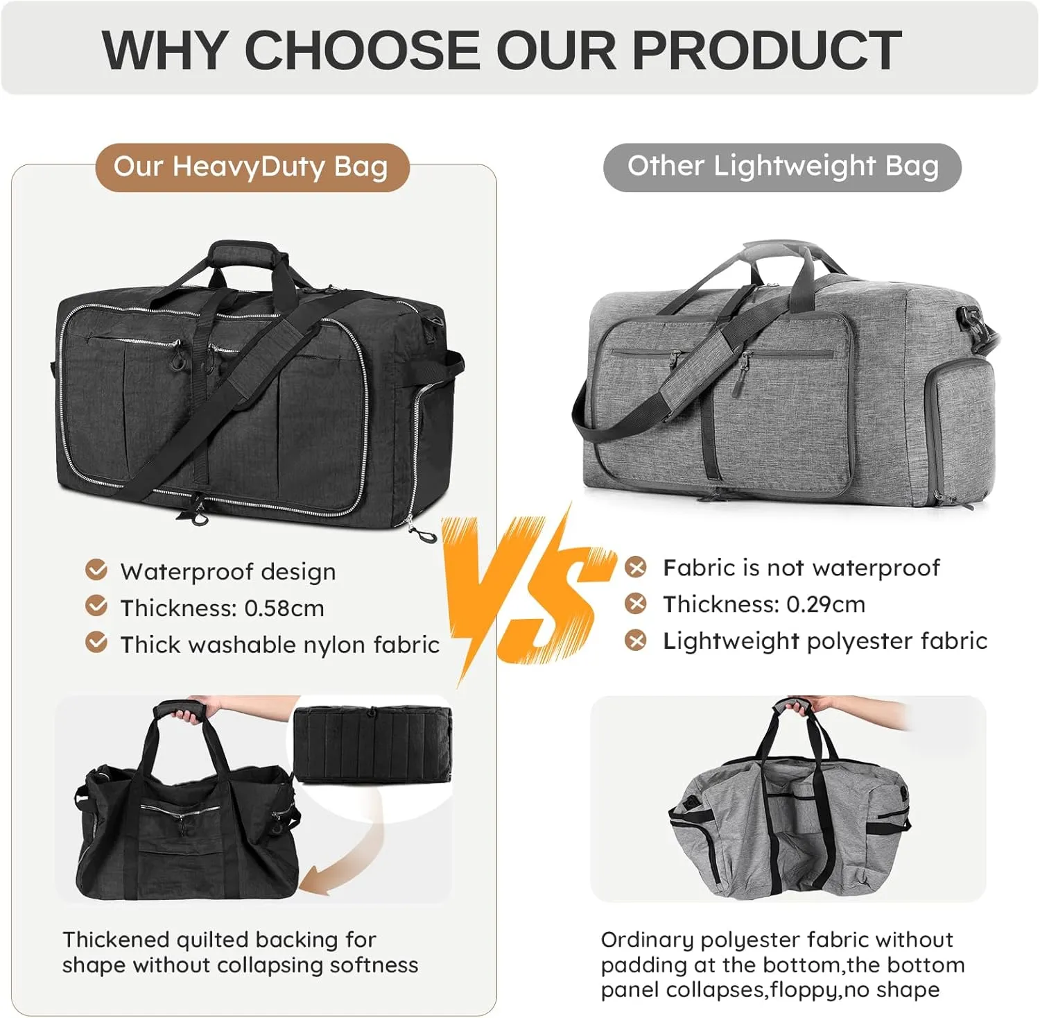 65L 25" Foldable Duffle Bag with Shoe Compartment,Lightweight Water Resistant Packable Travel Bag,Black