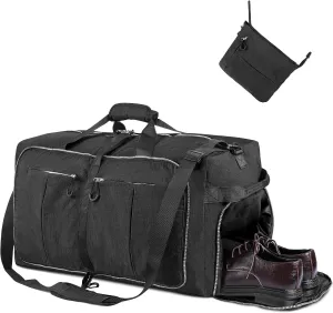 65L 25" Foldable Duffle Bag with Shoe Compartment,Lightweight Water Resistant Packable Travel Bag,Black