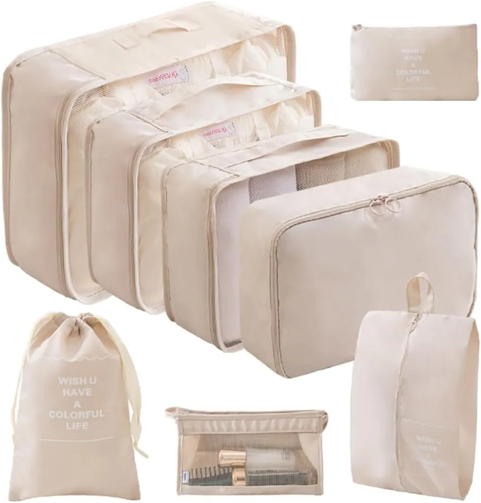 8 Piece Set to Organize Suitcase with Сompressing Small/Medium/Large Mesh Clothing Bags, Laundry Bag, Shoe Bag, Underwear Cube, Drawstring Bag, Sock Bag and Cosmetic Bag (Beige)