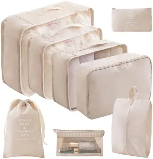 8 Piece Set to Organize Suitcase with Сompressing Small/Medium/Large Mesh Clothing Bags, Laundry Bag, Shoe Bag, Underwear Cube, Drawstring Bag, Sock Bag and Cosmetic Bag (Beige)