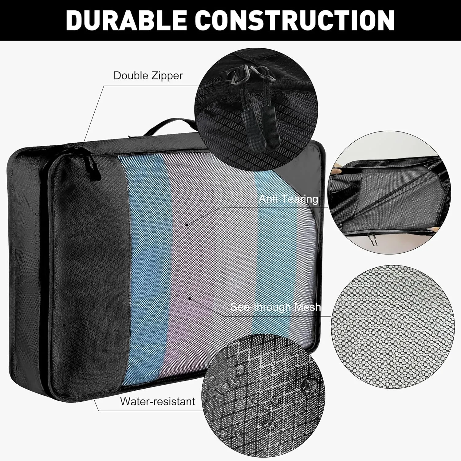 8 Set Packing Cubes for Travel Women Men Kids, Mesh Suitcase Organizer Bags Set for Luggage, 4 Sizes Extra Large, Large, Medium, Small, Travel Camping Essentials Accessories, Black